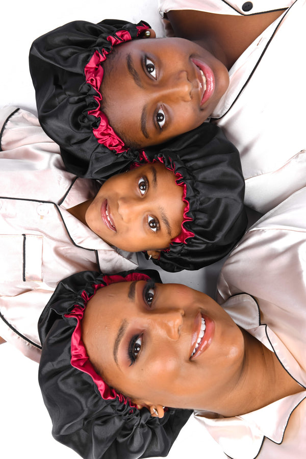 Mummy and Me Reversible Satin bonnets (wine red/black)